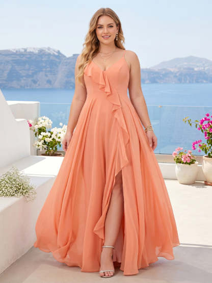A-Line/Princess Spaghetti Straps V-Neck Long Plus Size Bridesmaid Dresses with Split Side & Ruffles
