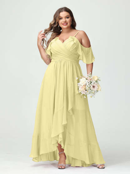 A-Line/Princess Spaghetti Straps V-Neck Short Sleeves Chiffon Ruffles Asymmetrical Plus Size Bridesmaid Dresses