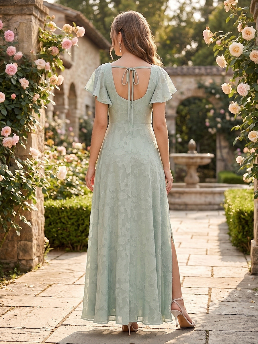 A-Line/Princess Square Neck Short Ruffle Sleeves Floral Bridesmaid Dresses with Split Side