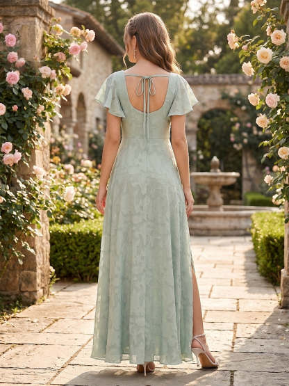 A-Line/Princess Square Neck Short Ruffle Sleeves Floral Bridesmaid Dresses with Split Side