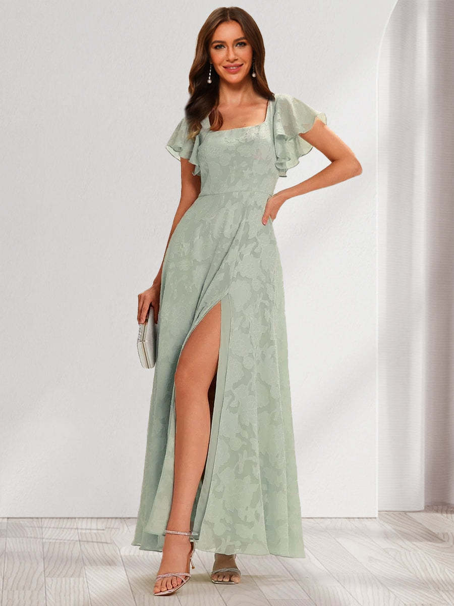A-Line/Princess Square Neck Short Ruffle Sleeves Floral Bridesmaid Dresses with Split Side