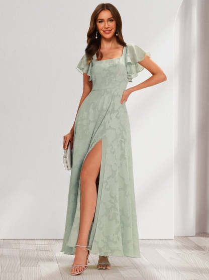 A-Line/Princess Square Neck Short Ruffle Sleeves Floral Bridesmaid Dresses with Split Side