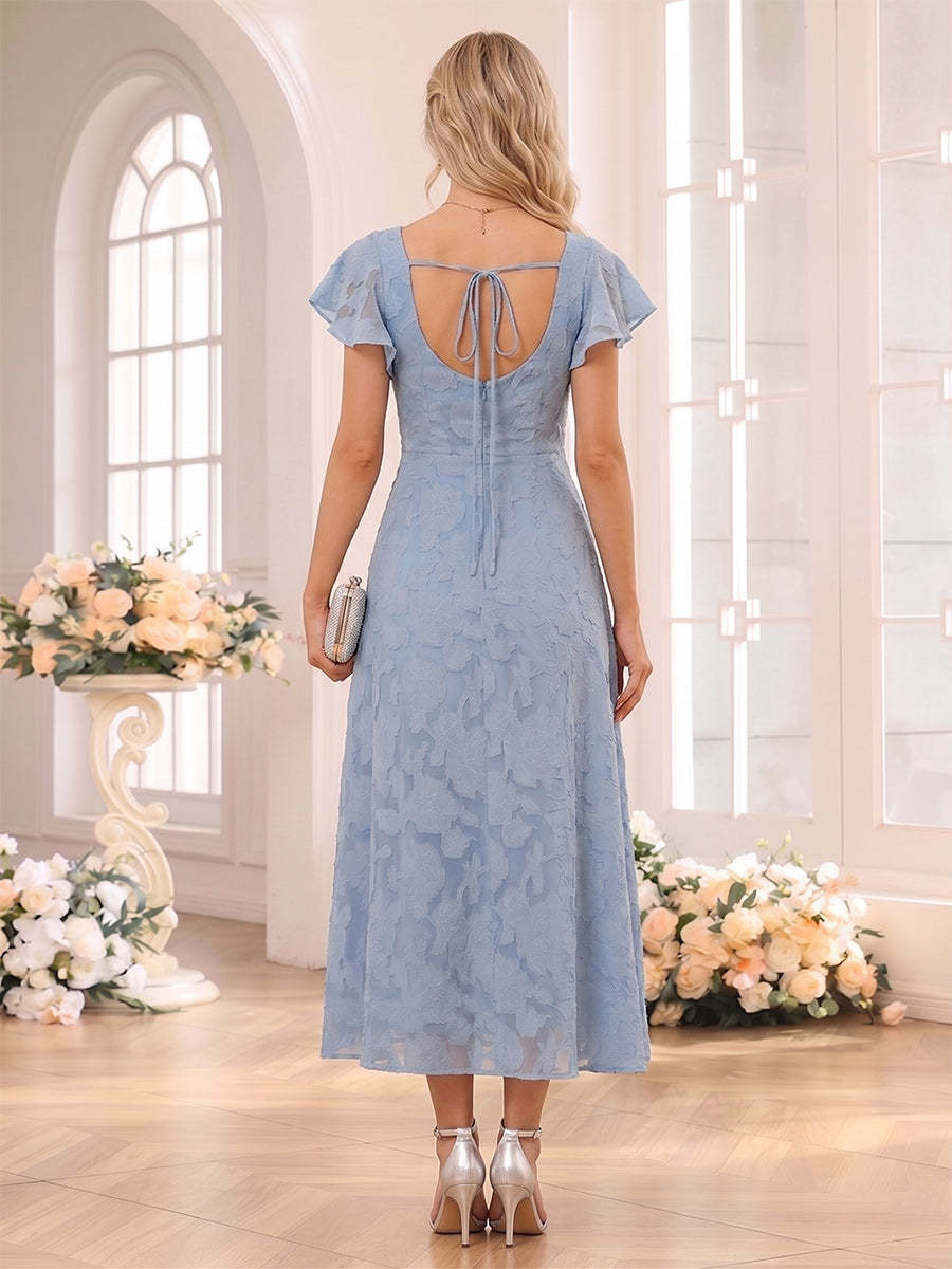 A-Line/Princess Square Neck Short Sleeves Tea-Length Bridesmaid Dresses with Split Side & Ruffles