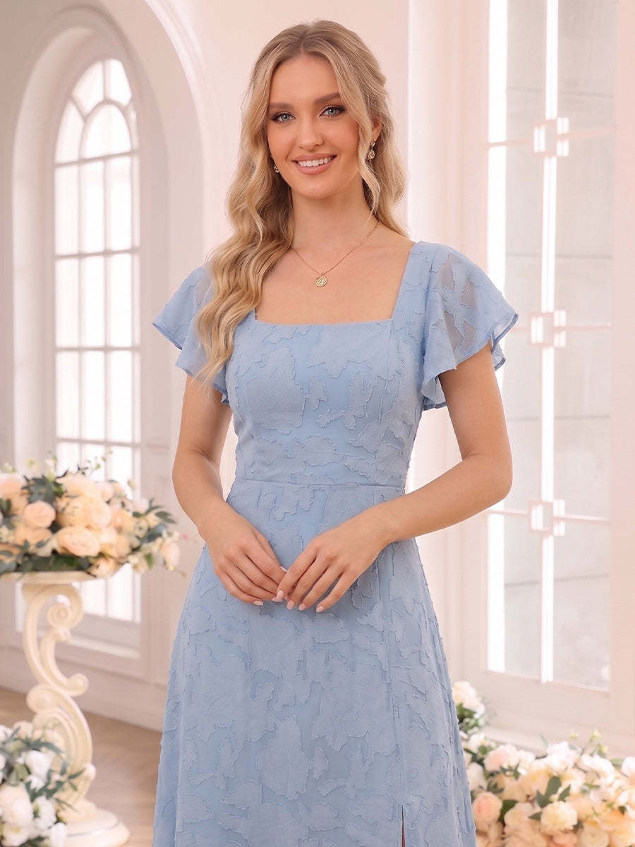 A-Line/Princess Square Neck Short Sleeves Tea-Length Bridesmaid Dresses with Split Side & Ruffles