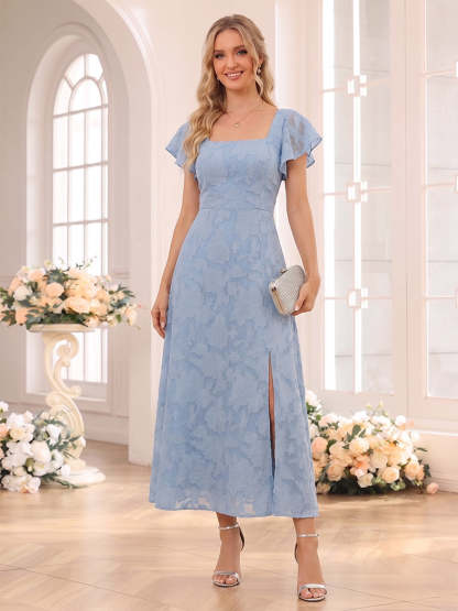 A-Line/Princess Square Neck Short Sleeves Tea-Length Bridesmaid Dresses with Split Side & Ruffles