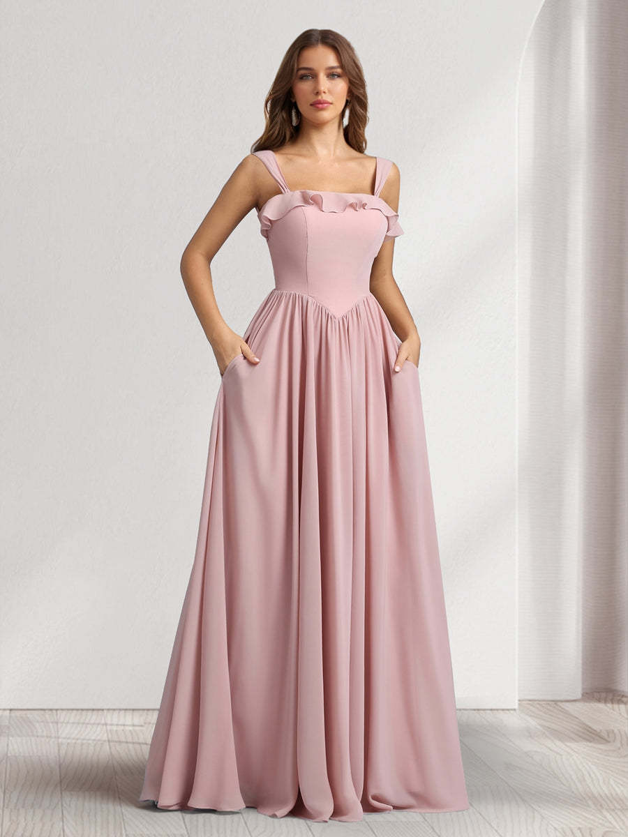 A-Line/Princess Square Neck Sleeveless Floor-Length Bridesmaid Dresses With Pleats & Ruffles