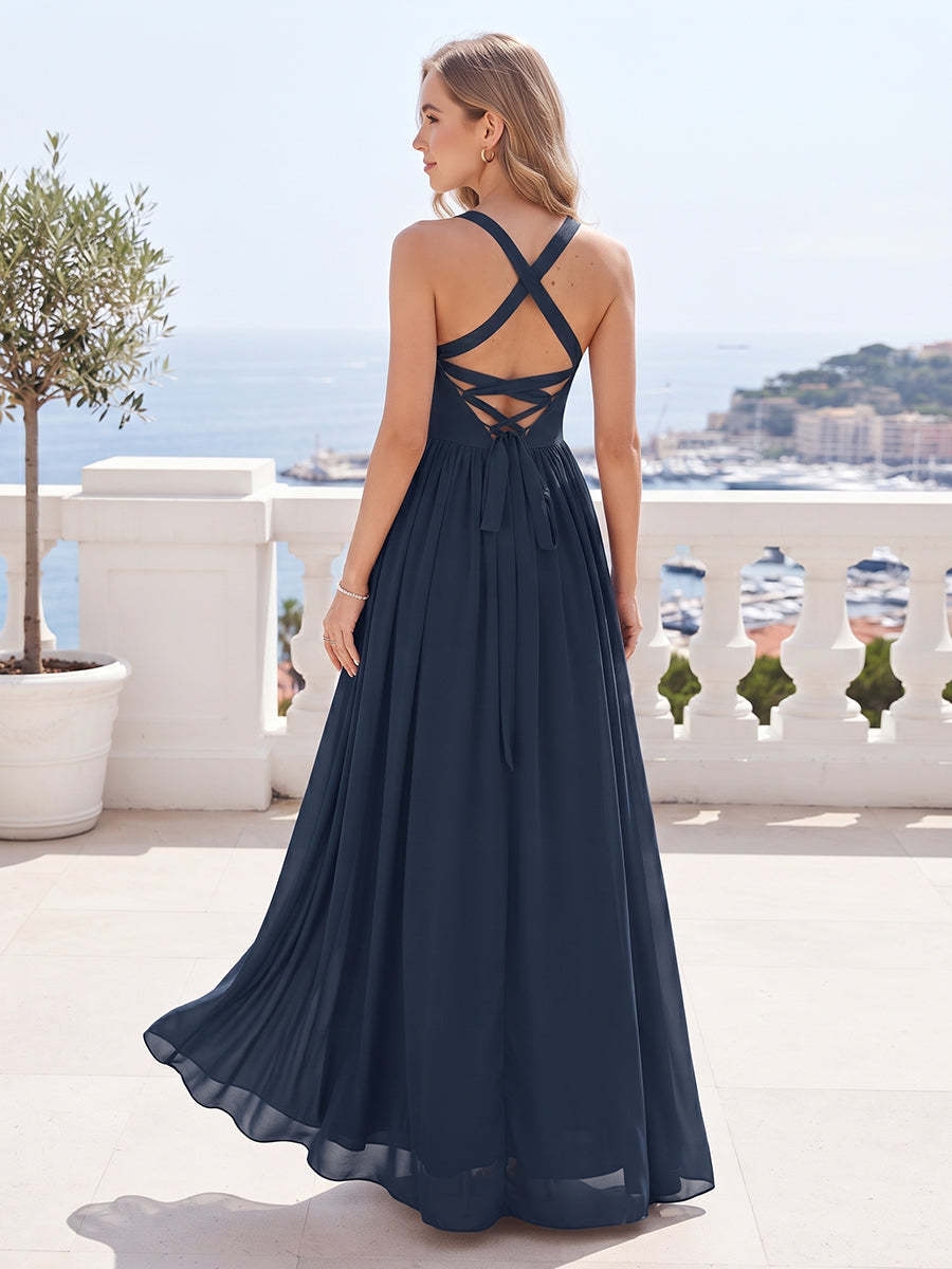 A-Line/Princess Square Neck Sleeveless Floor-Length Bridesmaid Dresses with Split Side & Ruched