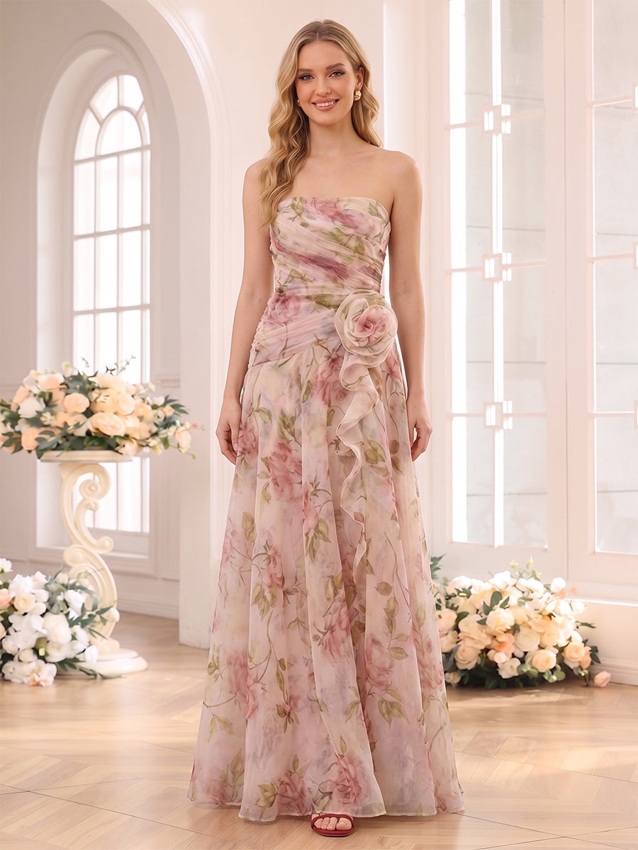 A-Line/Princess Strapless Sleeveless Floor-Length Bridesmaid Dresses with 3D Floral & Ruffles