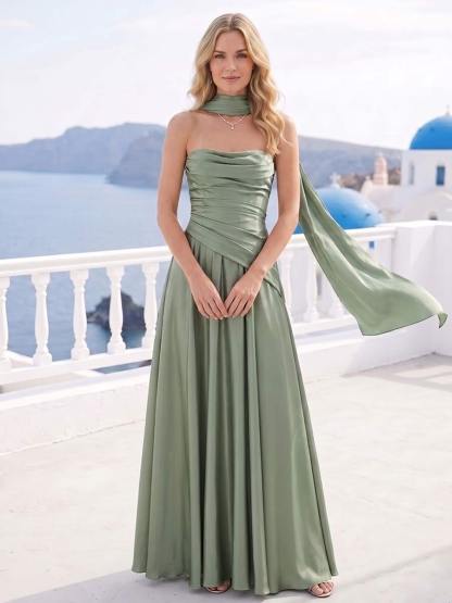 A-Line/Princess Strapless Sleeveless Floor-Length Bridesmaid Dresses with Scarf & Ruched