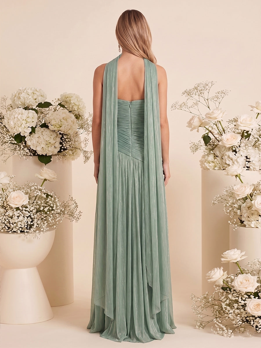 A Line Princess Strapless Sleeveless Floor Length Bridesmaid Dresses with Split Side Pleats Scarf
