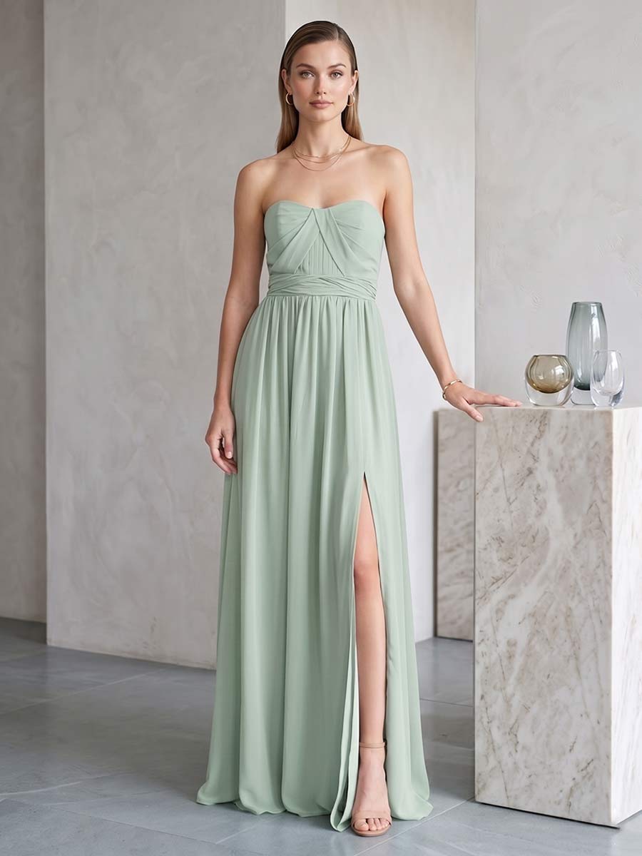 A-Line/Princess Strapless Sleeveless Floor-Length Bridesmaid Dresses with Split Side & Ruched