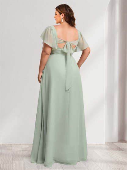 A-Line/Princess Sweetheart Short Sleeves Floor-Length Plus Size Bridesmaid Dresses with Ruffles
