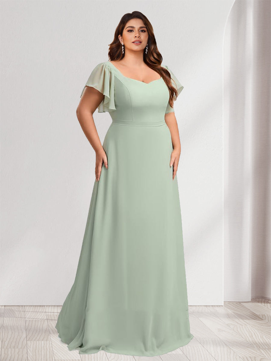 A-Line/Princess Sweetheart Short Sleeves Floor-Length Plus Size Bridesmaid Dresses with Ruffles