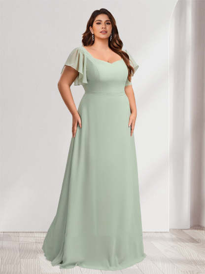 A-Line/Princess Sweetheart Short Sleeves Floor-Length Plus Size Bridesmaid Dresses with Ruffles