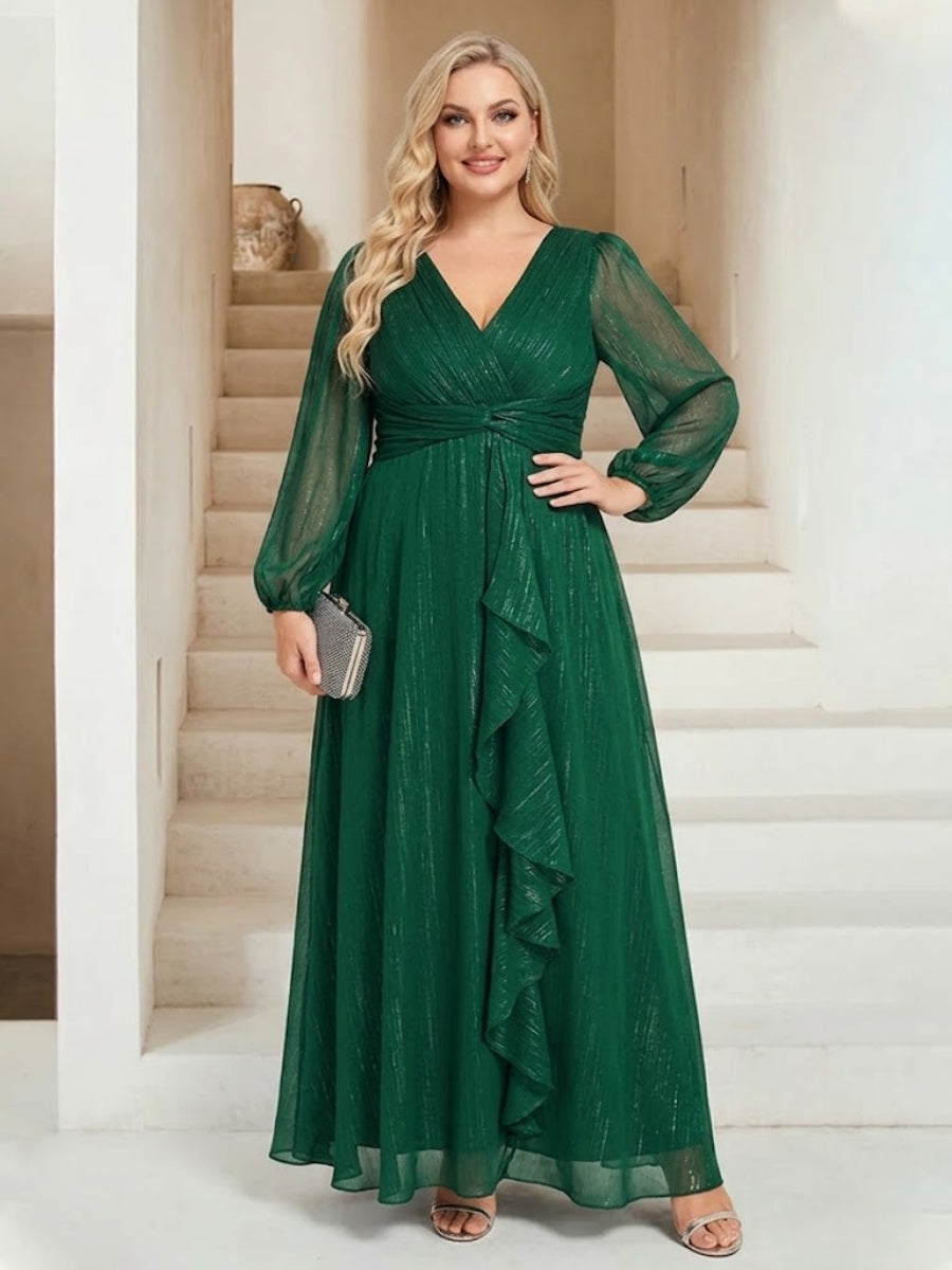 A-Line/Princess V-Neck Ankle-Length Long Sleeves Plus Size Bridesmaid Dresses