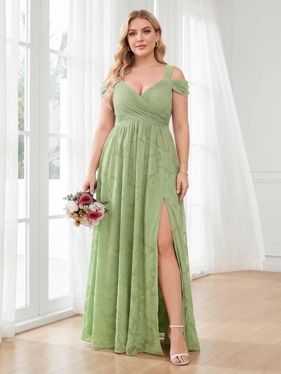 A-Line/Princess V-Neck Floor-Length Plus Size Bridesmaid Dresses With Split Side & Ruched