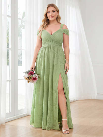 A-Line/Princess V-Neck Floor-Length Plus Size Bridesmaid Dresses With Split Side & Ruched