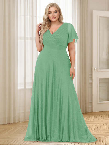 A-Line/Princess V-Neck Floor-Length Ruffles Plus Size Bridesmaid Dresses