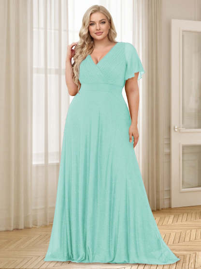 A-Line/Princess V-Neck Floor-Length Ruffles Plus Size Bridesmaid Dresses