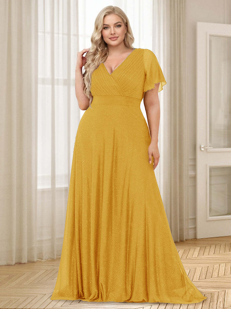 A-Line/Princess V-Neck Floor-Length Ruffles Plus Size Bridesmaid Dresses
