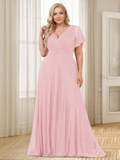 A-Line/Princess V-Neck Floor-Length Ruffles Plus Size Bridesmaid Dresses
