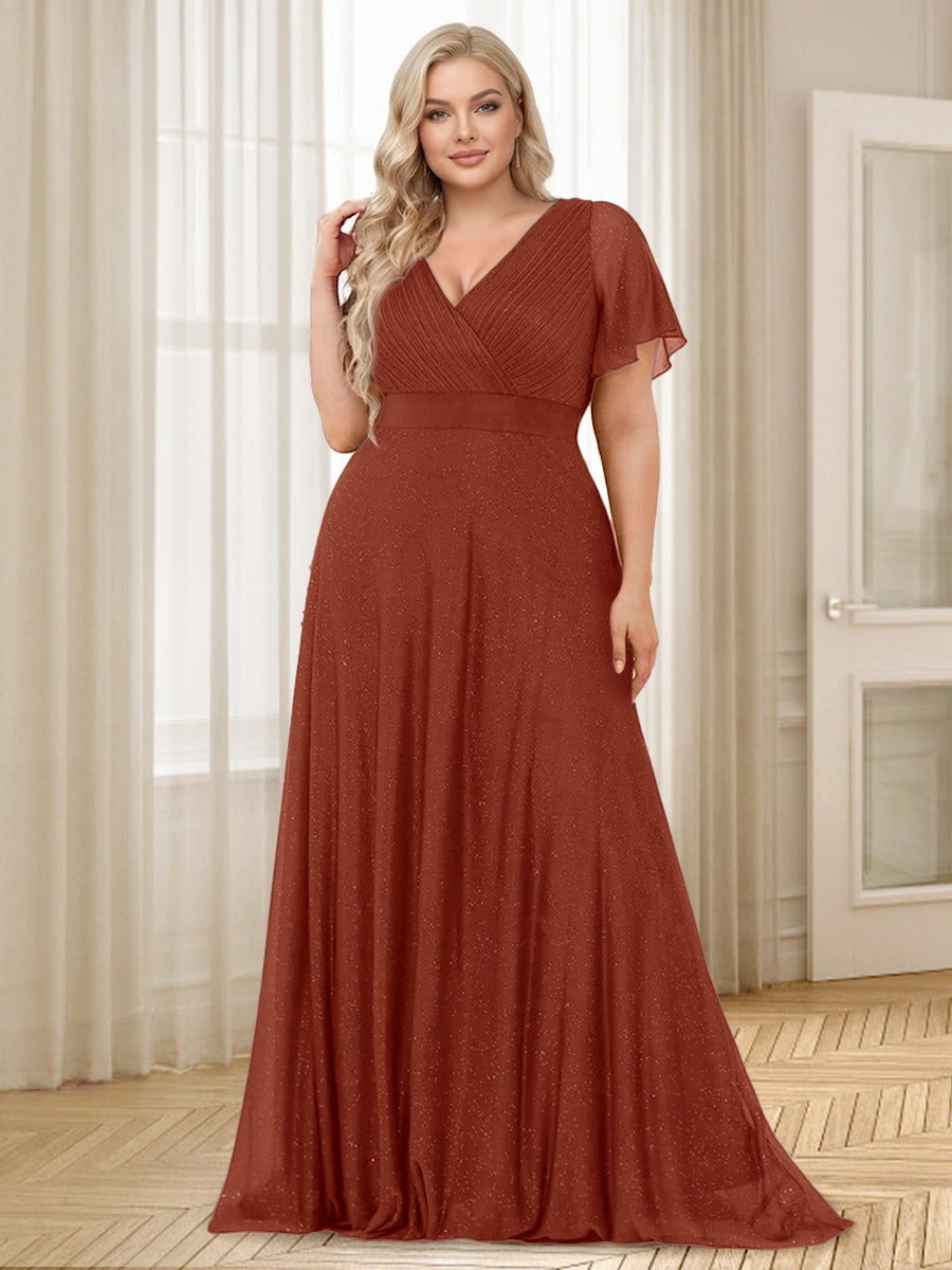 A-Line/Princess V-Neck Floor-Length Ruffles Plus Size Bridesmaid Dresses