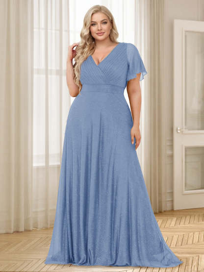 A-Line/Princess V-Neck Floor-Length Ruffles Plus Size Bridesmaid Dresses