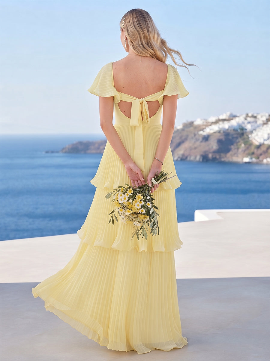 A-Line/Princess V-Neck Flutter Sleeves Floor-Length Bridesmaid Dresses With Pleats & Bowknot