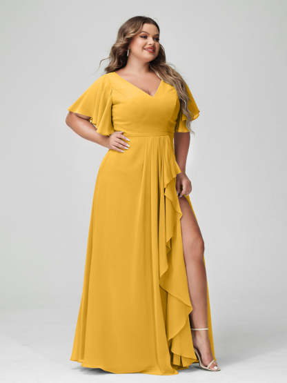 A-Line/Princess V-Neck Half Sleeves Chiffon Ruffles Plus Size Bridesmaid Dresses with Split Side