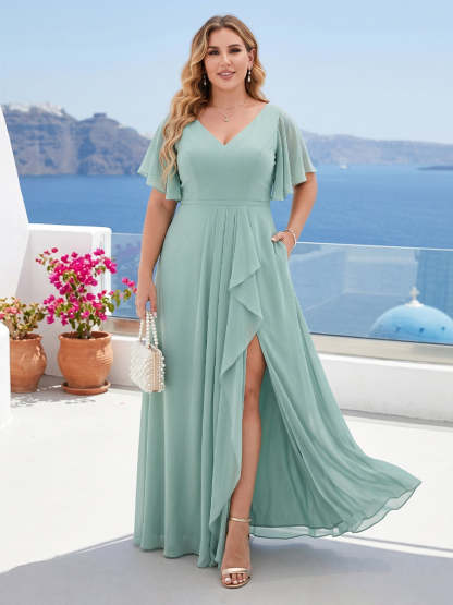 A-Line/Princess V-Neck Half Sleeves Chiffon Ruffles Plus Size Bridesmaid Dresses with Split Side