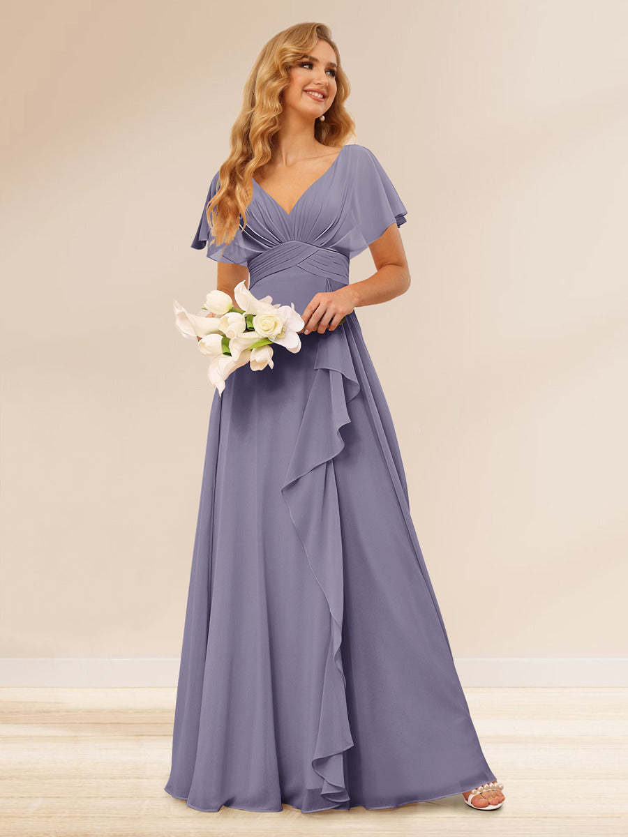 A-Line/Princess V-Neck Long Bridesmaid Dresses with Ruffles