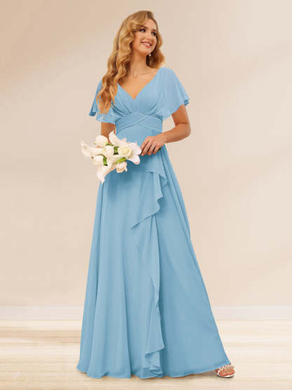 A-Line/Princess V-Neck Long Bridesmaid Dresses with Ruffles