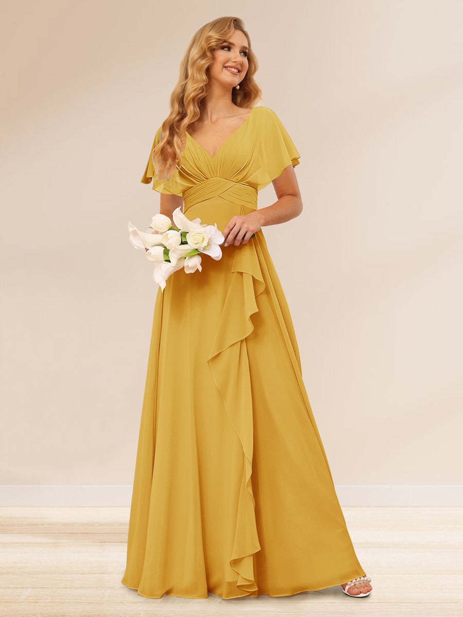 A-Line/Princess V-Neck Long Bridesmaid Dresses with Ruffles
