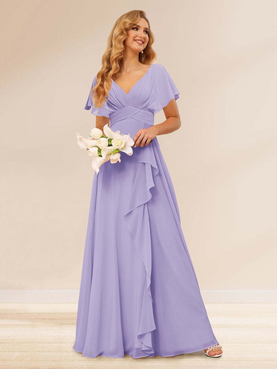 A-Line/Princess V-Neck Long Bridesmaid Dresses with Ruffles