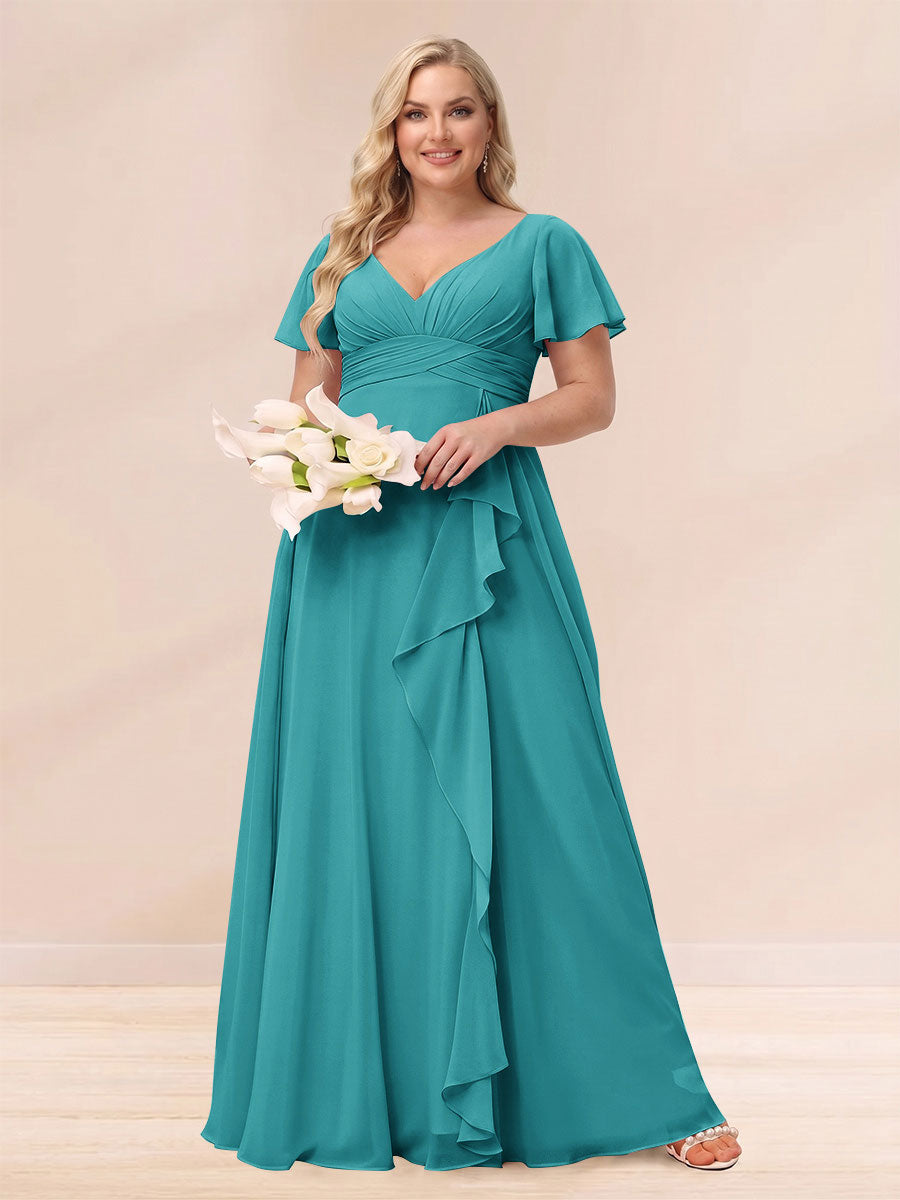 A Line Princess V Neck Long Plus size Bridesmaid Dresses with Ruffles