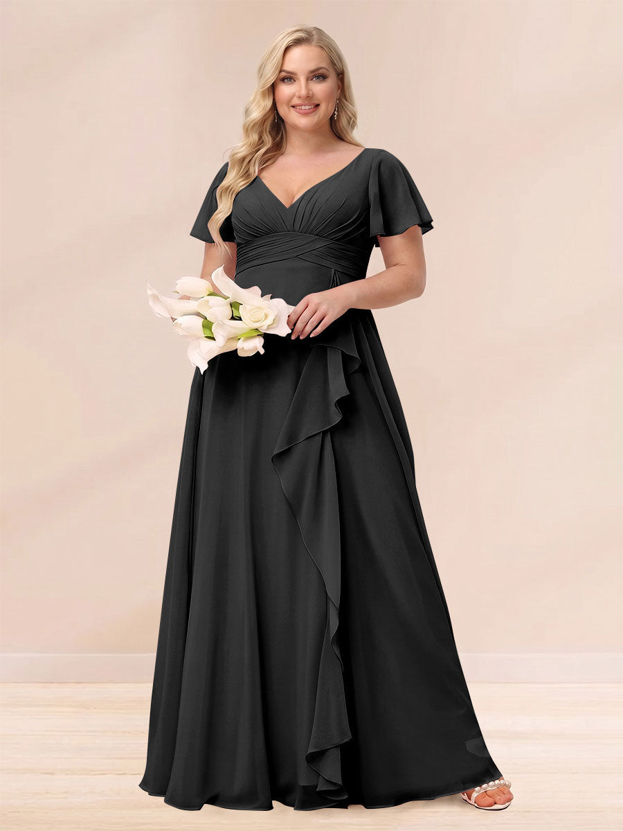A Line Princess V Neck Long Plus size Bridesmaid Dresses with Ruffles