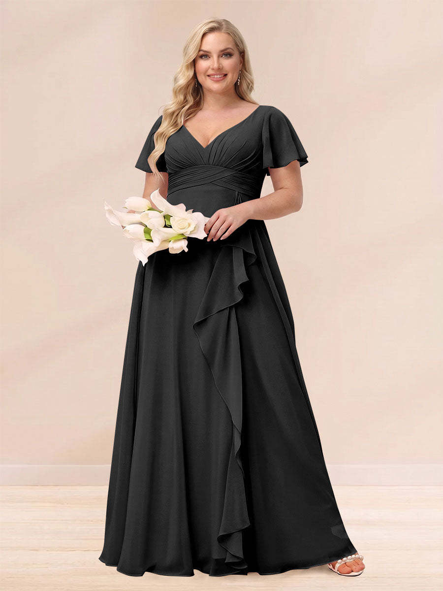 A Line Princess V Neck Long Plus size Bridesmaid Dresses with Ruffles