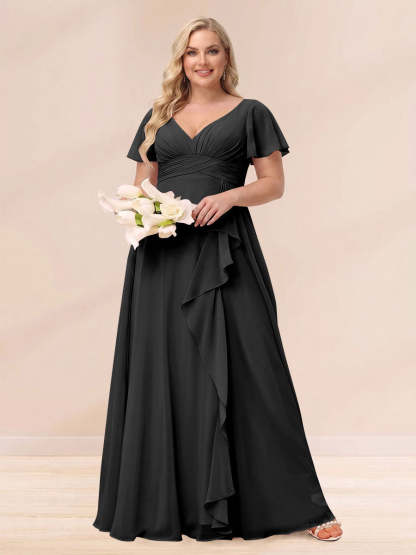 A Line Princess V Neck Long Plus size Bridesmaid Dresses with Ruffles