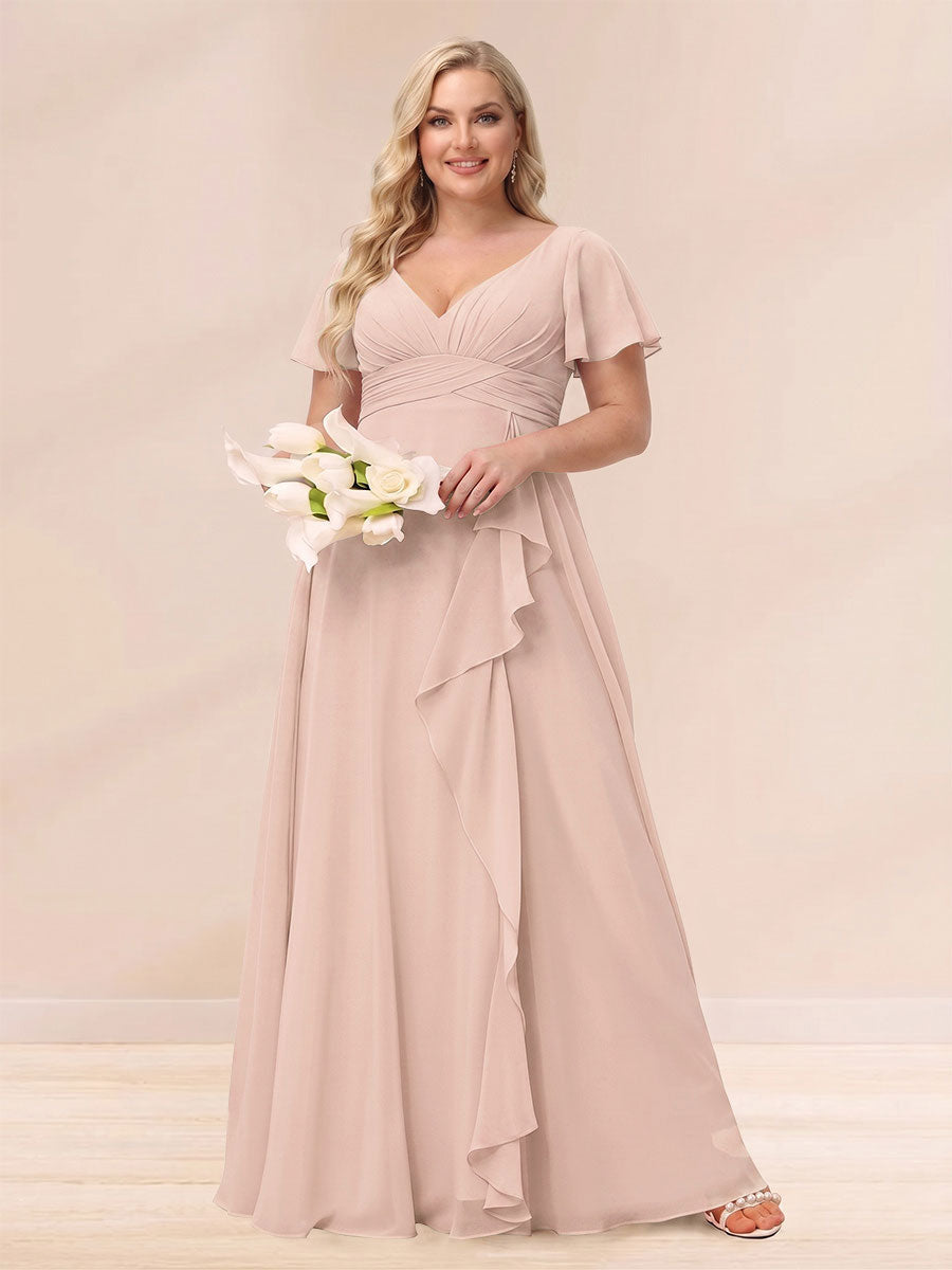 A Line Princess V Neck Long Plus size Bridesmaid Dresses with Ruffles