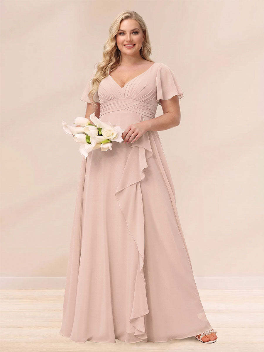 A Line Princess V Neck Long Plus size Bridesmaid Dresses with Ruffles
