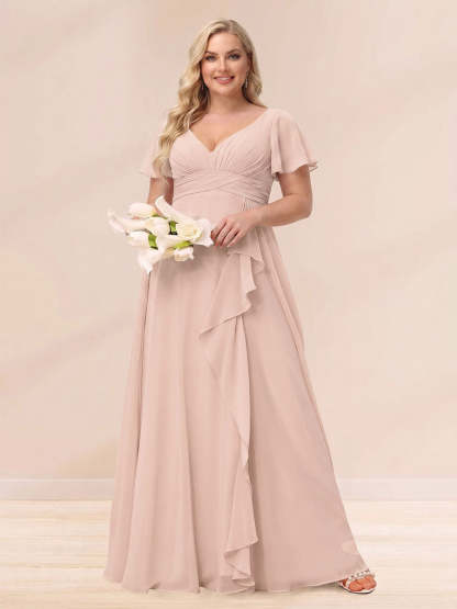 A Line Princess V Neck Long Plus size Bridesmaid Dresses with Ruffles