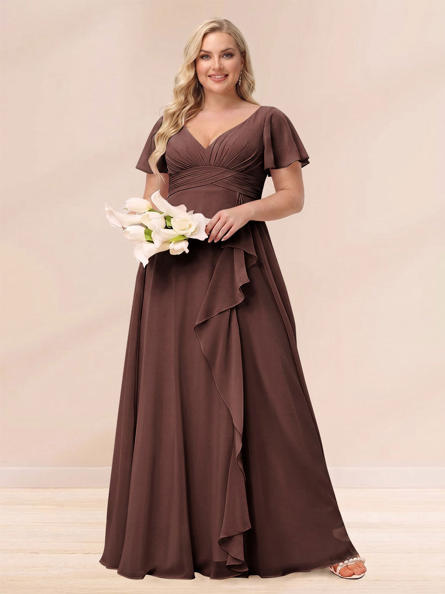 A Line Princess V Neck Long Plus size Bridesmaid Dresses with Ruffles
