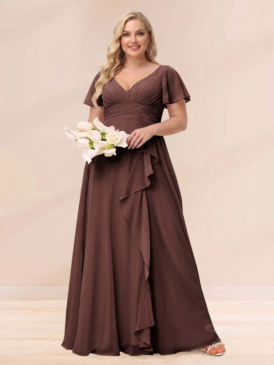 A Line Princess V Neck Long Plus size Bridesmaid Dresses with Ruffles