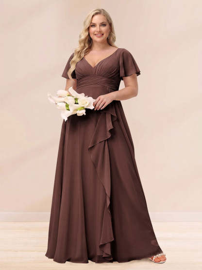 A Line Princess V Neck Long Plus size Bridesmaid Dresses with Ruffles