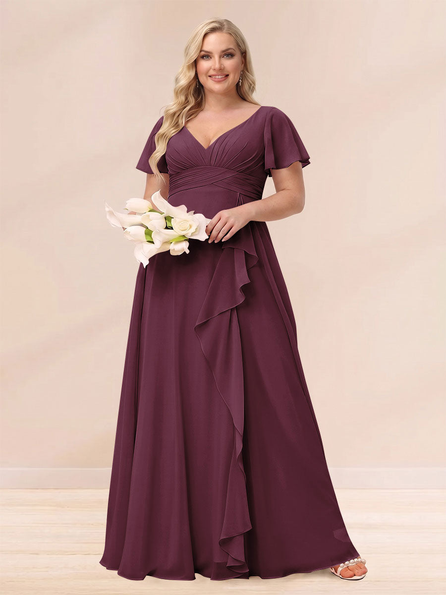 A Line Princess V Neck Long Plus size Bridesmaid Dresses with Ruffles