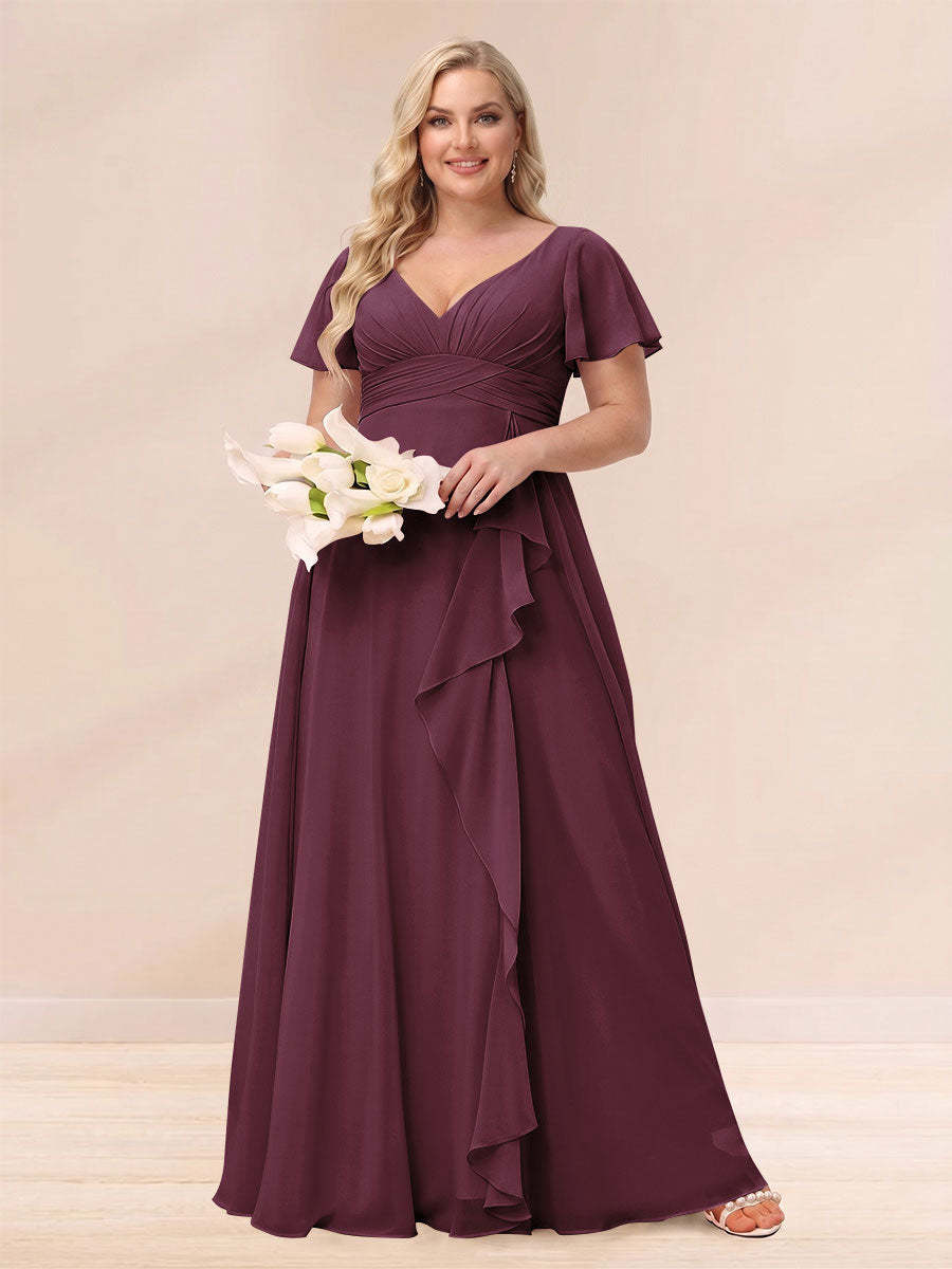 A Line Princess V Neck Long Plus size Bridesmaid Dresses with Ruffles