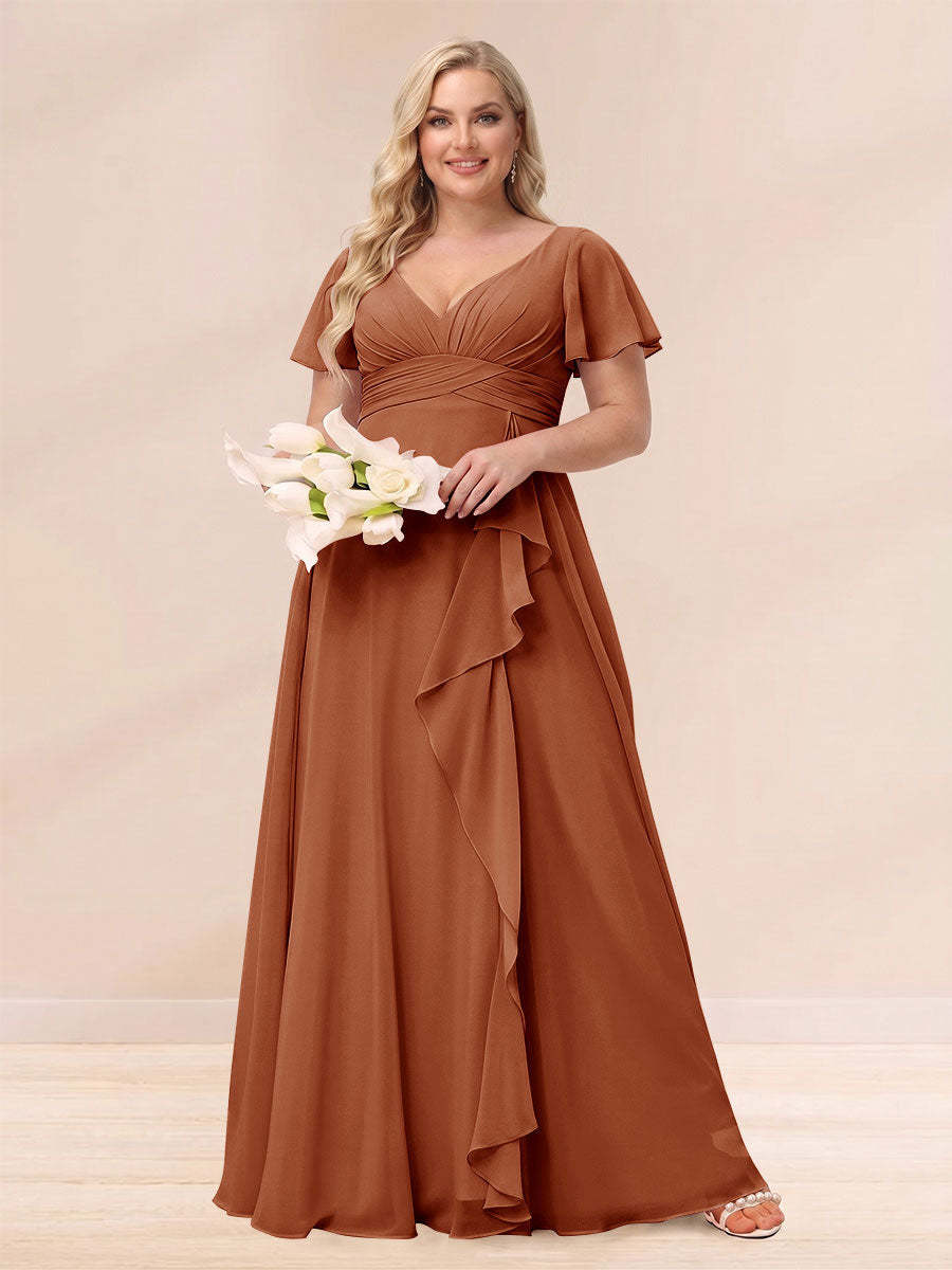 A Line Princess V Neck Long Plus size Bridesmaid Dresses with Ruffles
