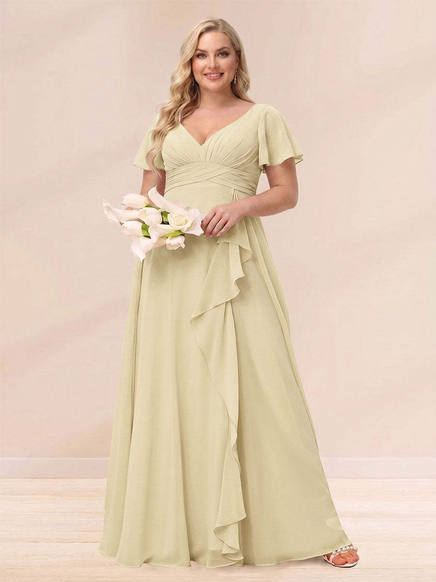 A Line Princess V Neck Long Plus size Bridesmaid Dresses with Ruffles