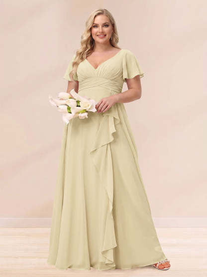 A Line Princess V Neck Long Plus size Bridesmaid Dresses with Ruffles