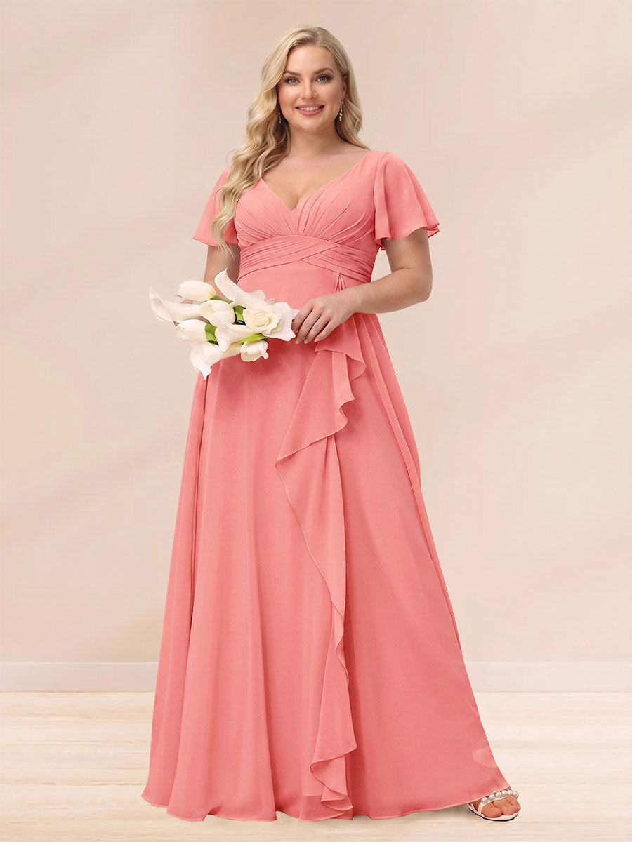 A Line Princess V Neck Long Plus size Bridesmaid Dresses with Ruffles
